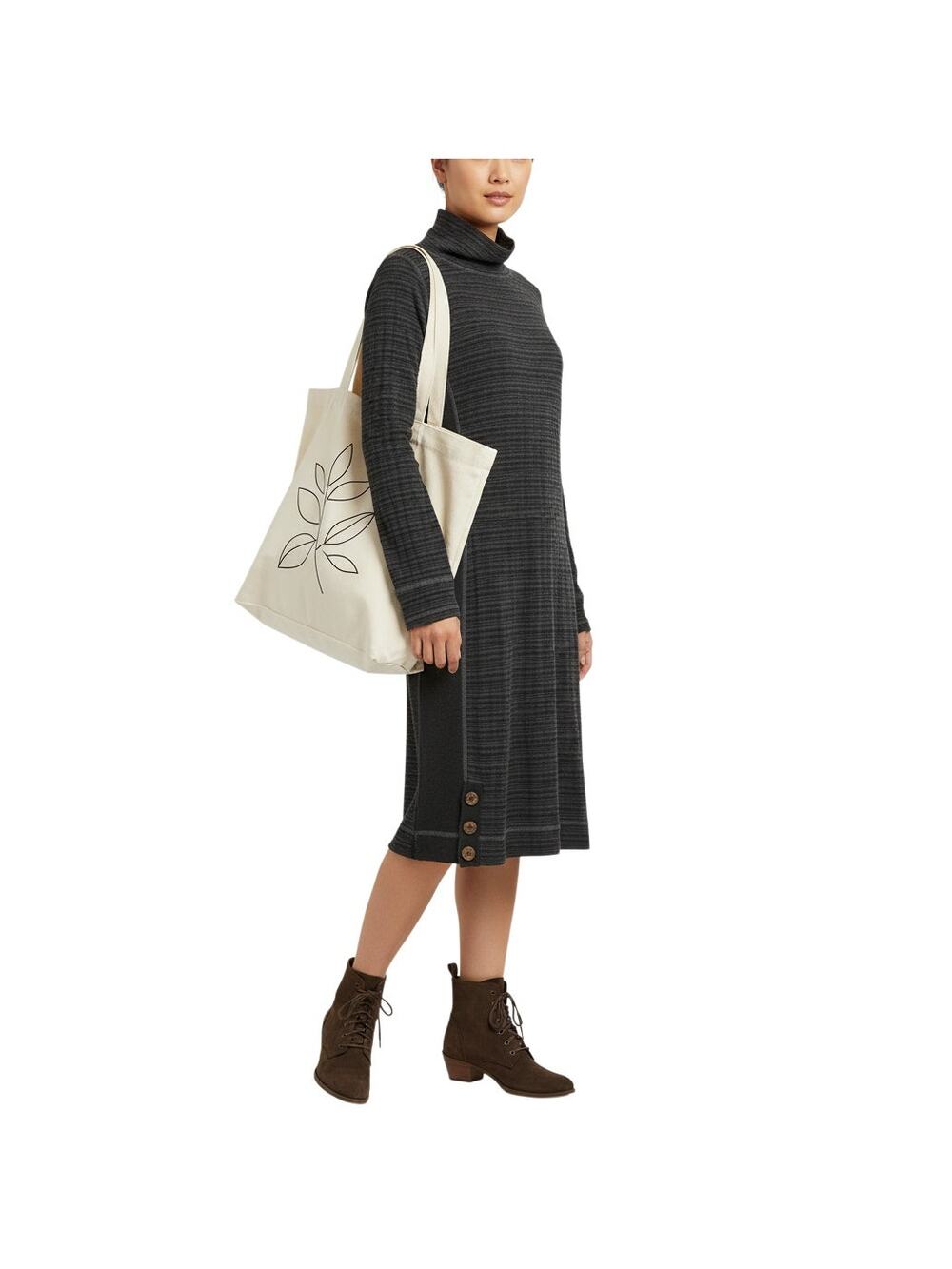 Prana Knit Sweater Dress Charcoal Stripe Turtleneck Dark Academia M
